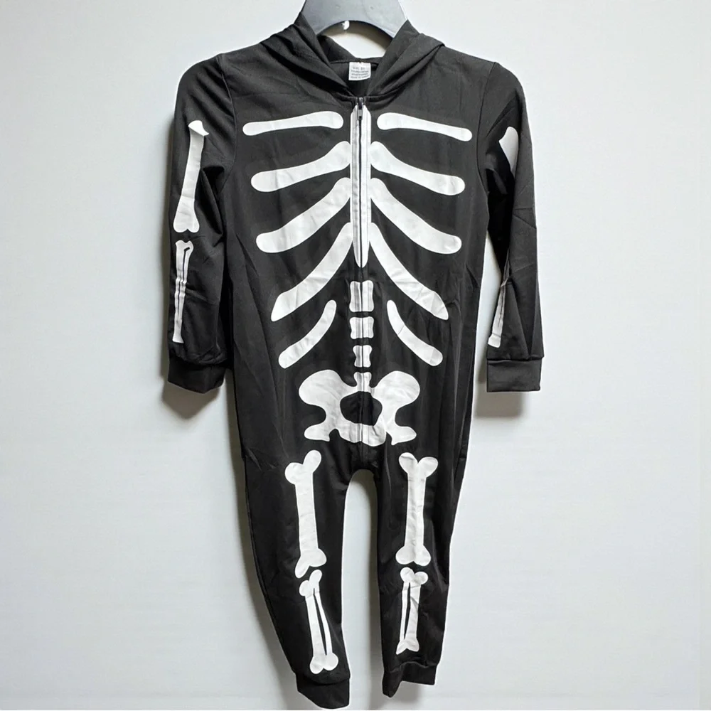 Kids Skeleton Costume Jumpsuit 8T Hooded Halloween Black White One Piece NWOT